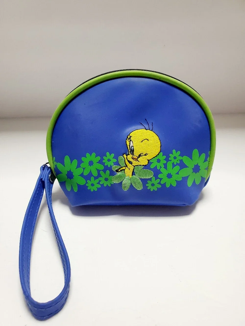 Vintage Cosmetic Bag Y2K Embroidered Tweety Bird Looney Tunes Blue Green Daisy